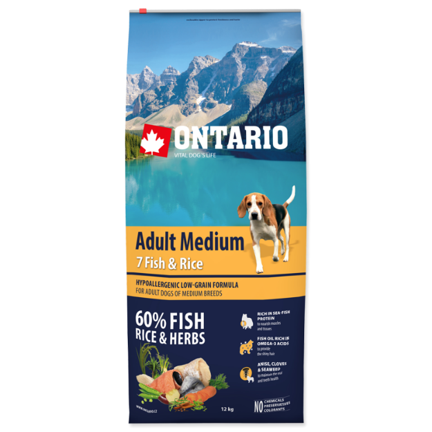 ONTARIO Dog Adult Medium Fish & Rice 12kg